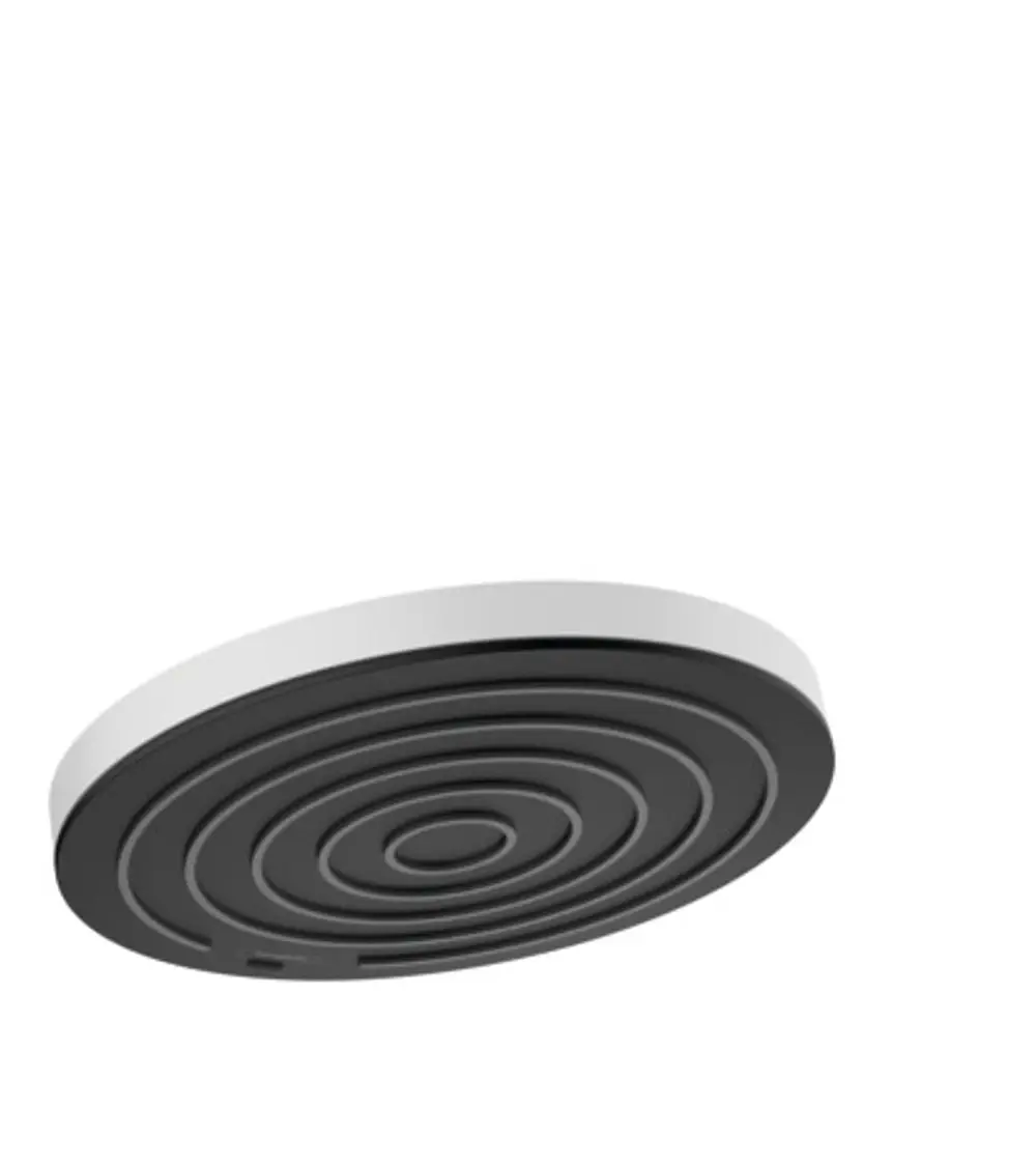 Runde Kopfbrause in mattem Weiß mit spiralförmigem Design, hergestellt von Hansgrohe. Oberflächenstruktur und Anschlussöffnung sind sichtbar.